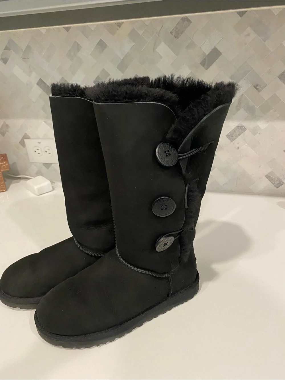 UGG Black Button-Trim Tall Shearling Boots, Size 7